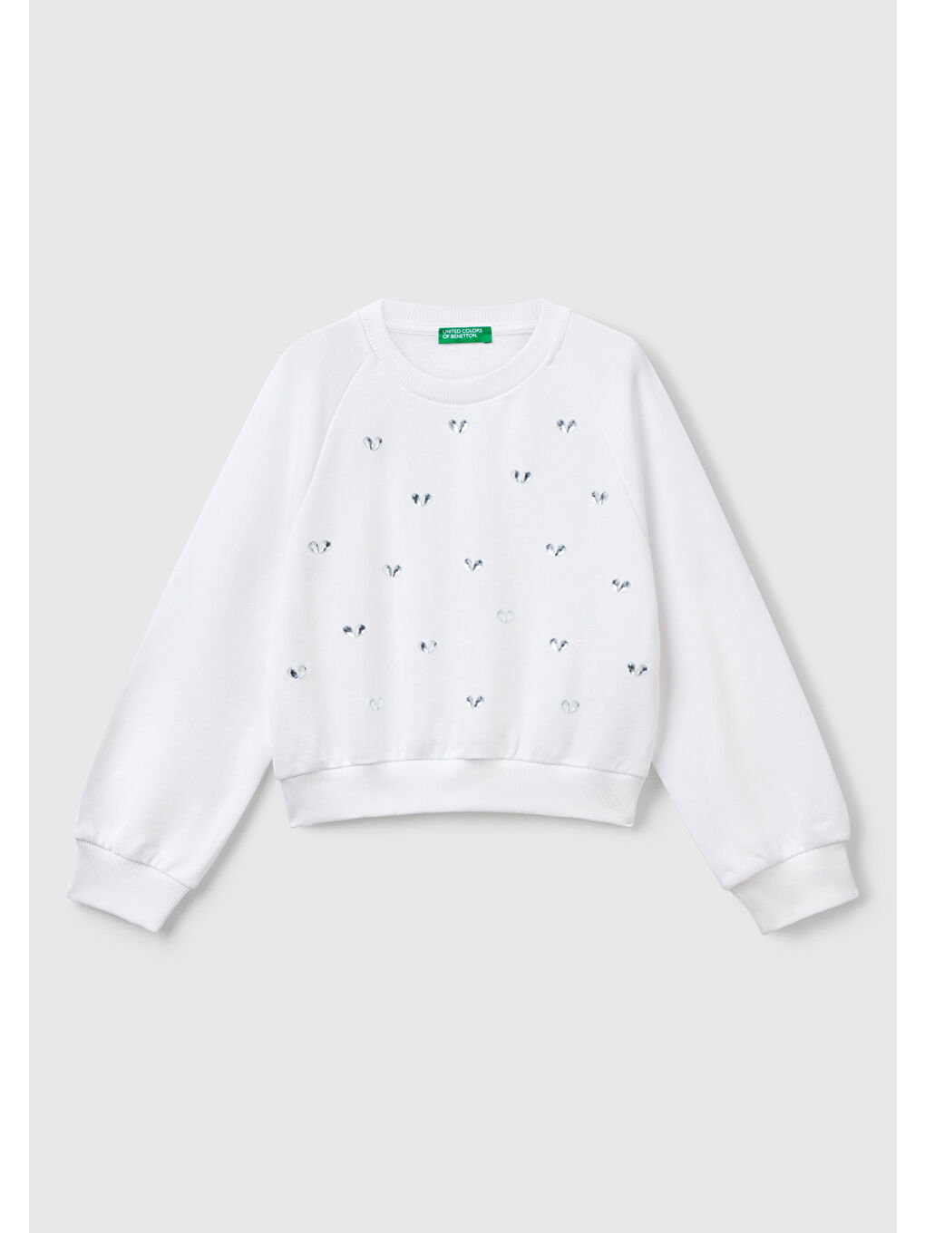 Kız Çocuk Beyaz Önü Taş Detaylı Ribanalı Bisiklet Yaka Sweatshirt