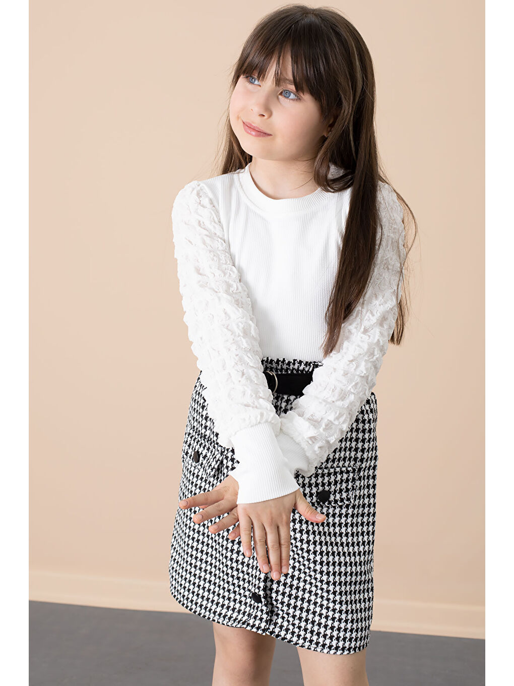 Ekru Kazayağı Desenli Etekli Badili Kız Çocuk 2li Takım 20652-3