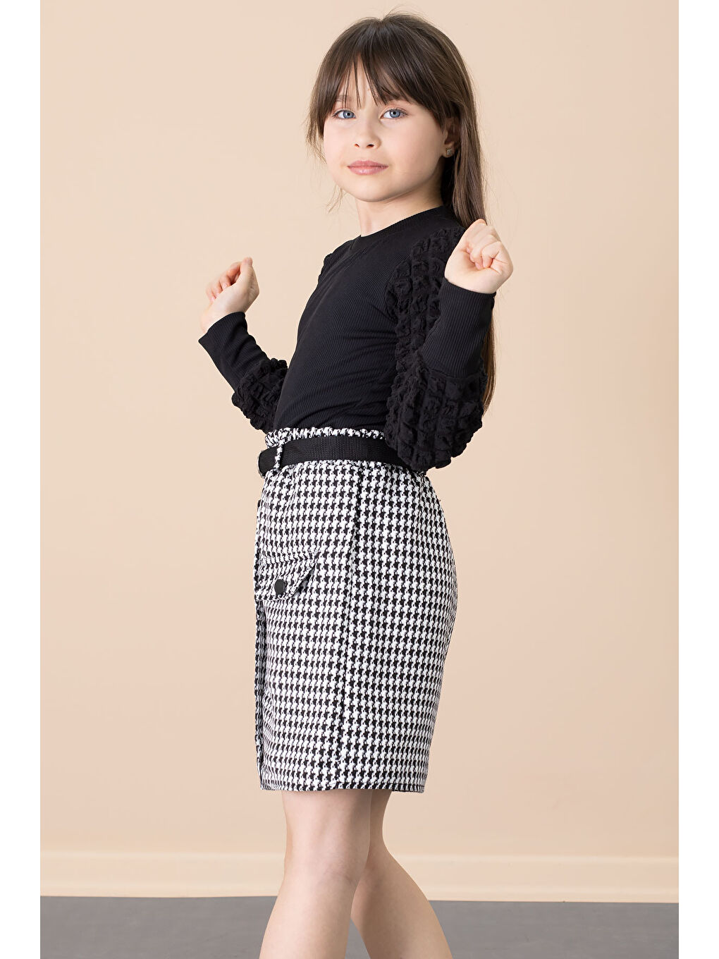 Siyah Kazayağı Desenli Etekli Badili Kız Çocuk 2li Takım 20653-4