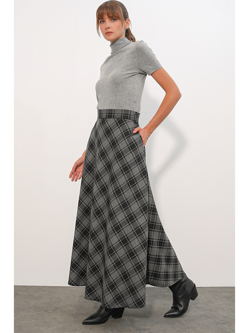Kadın Ekose Desen Uzun Etek 8064 - Gri-2