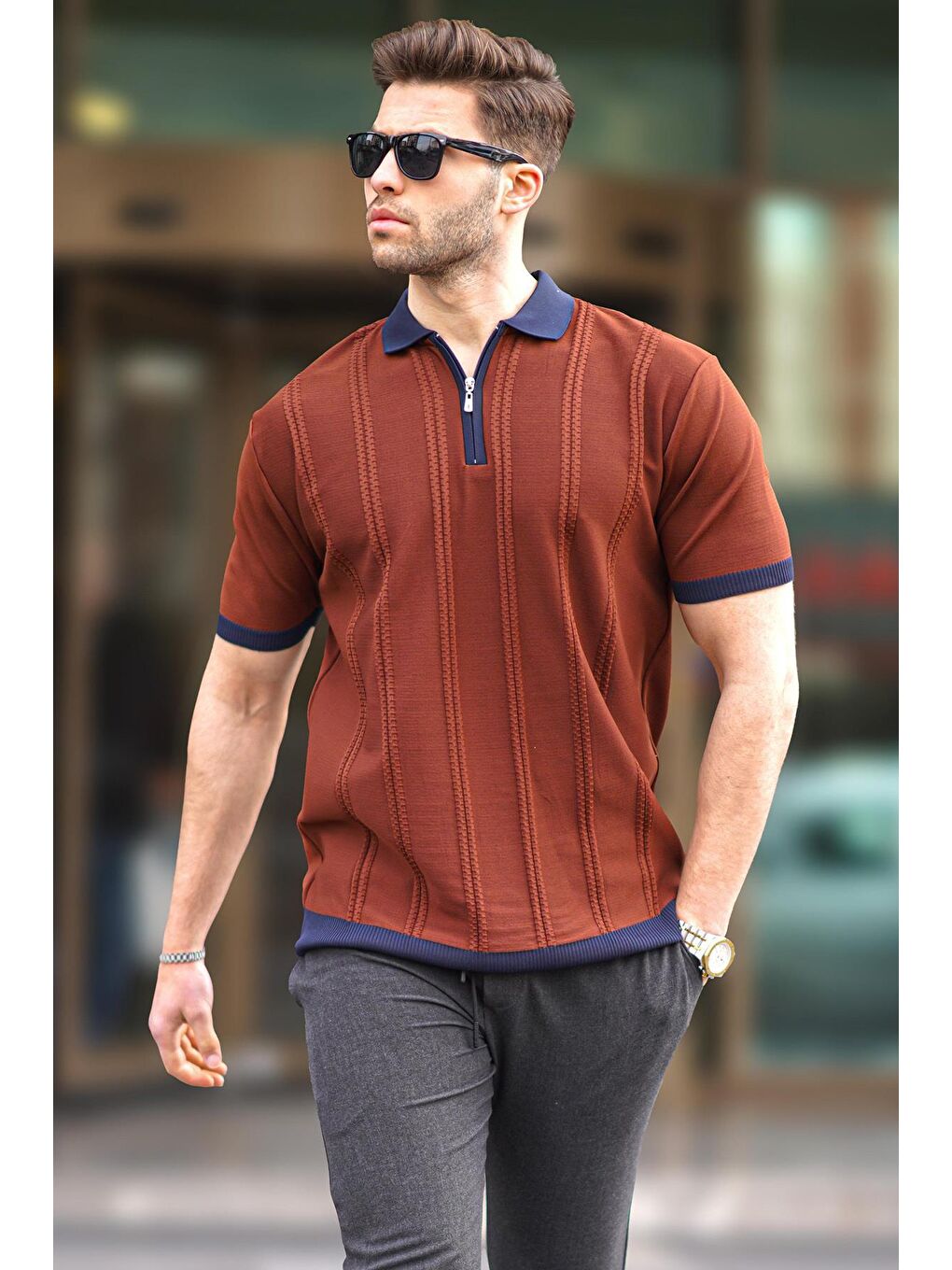 Kahverengi Kiremit Fermuar Detaylı Polo Yaka Erkek Tişört 6874