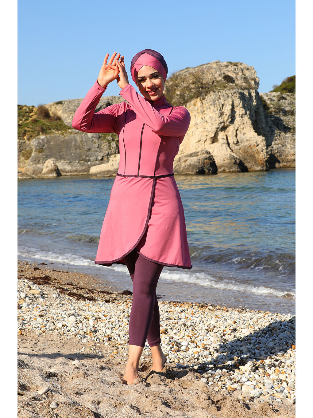 Pembe Pareo Model Tasarım Taytlı Kapalı Tesettür Mayo 2230-1