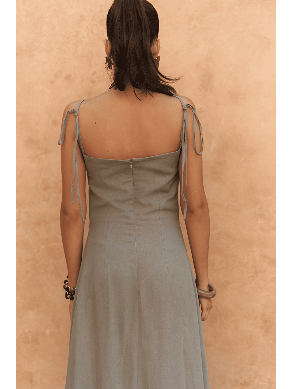 Blantyre Askılı Uzun Haki Keten Elbise-6