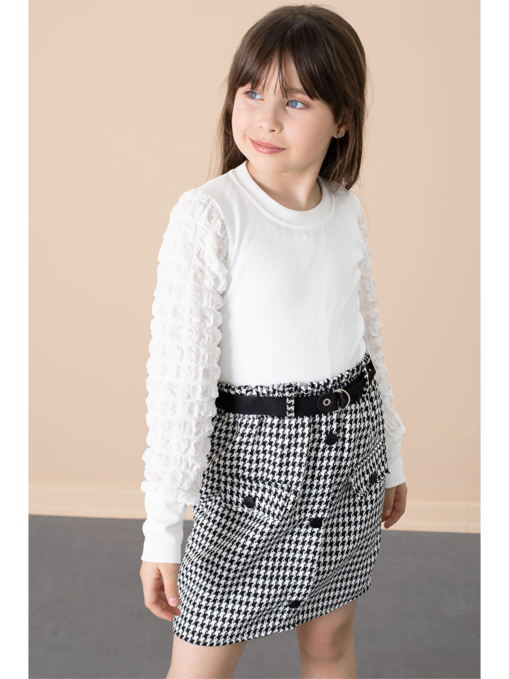 Ekru Kazayağı Desenli Etekli Badili Kız Çocuk 2li Takım 20652-4