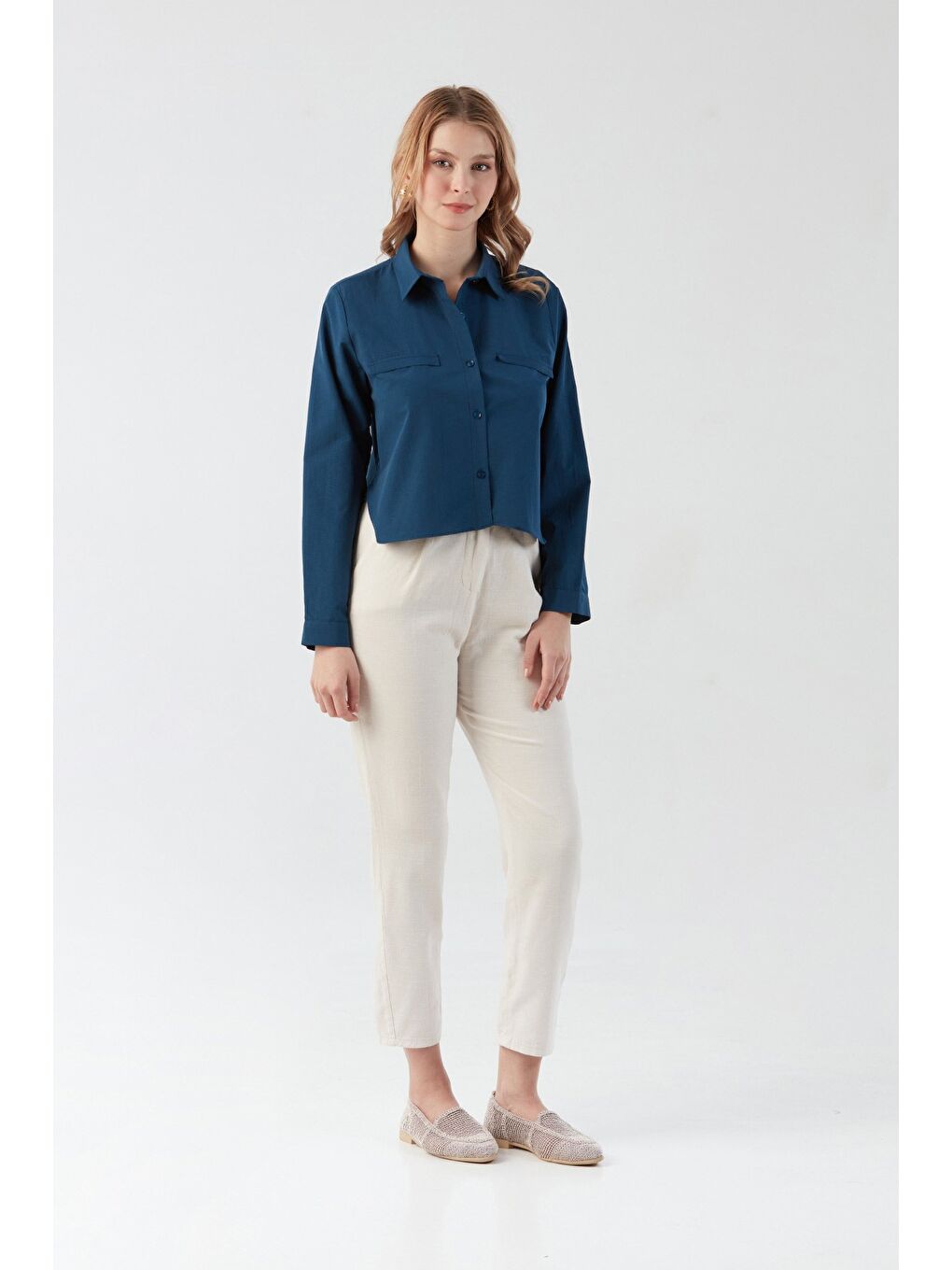 Lacivert Basic Cep Detaylı Arkası Uzun Gömlek-3