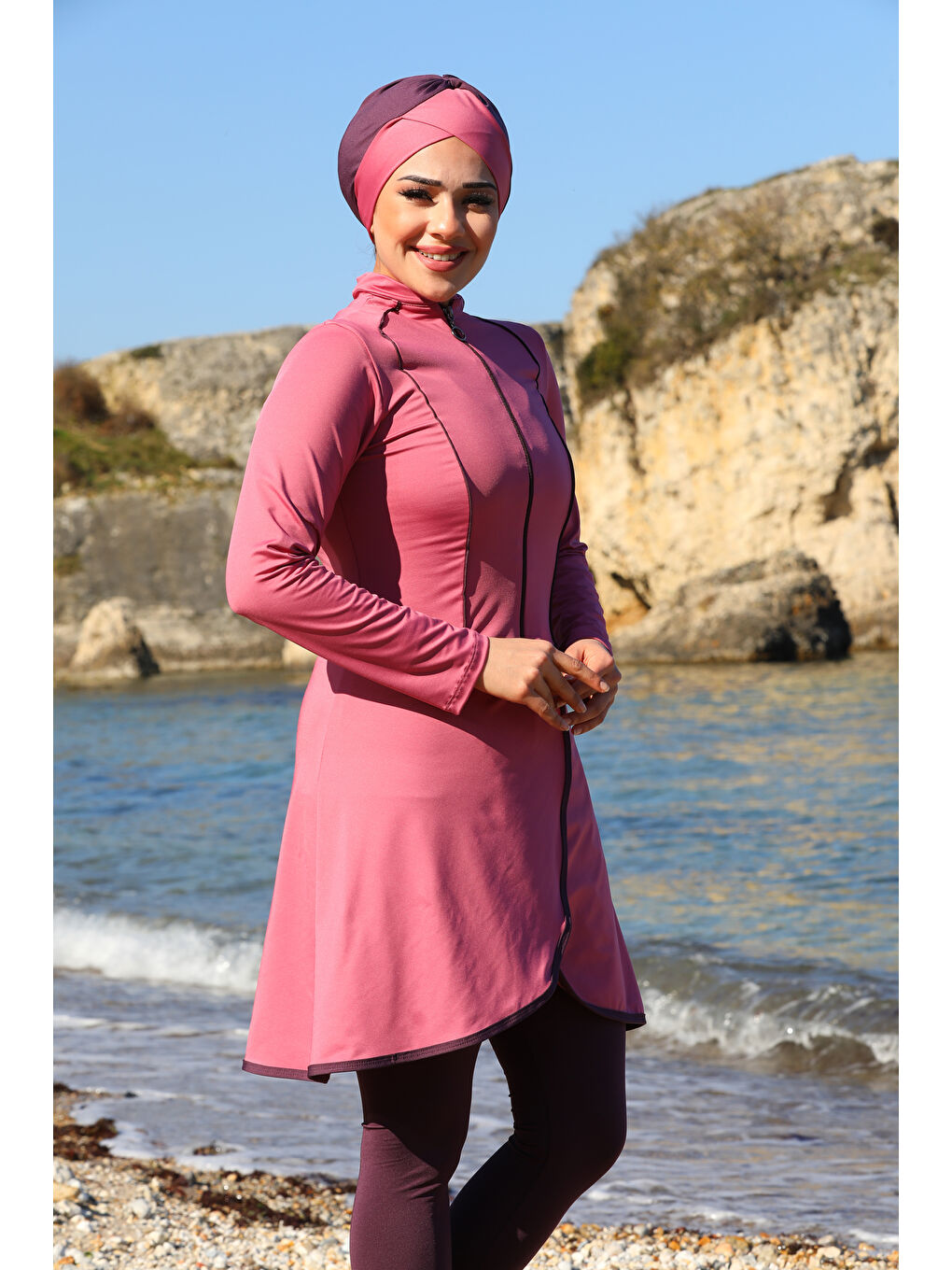 Pembe Pareo Model Tasarım Taytlı Kapalı Tesettür Mayo 2230-3