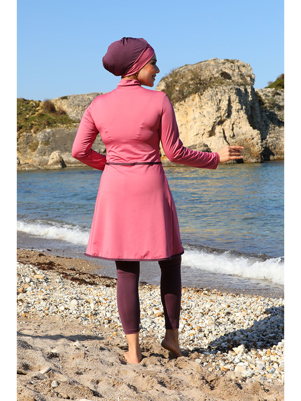 Pembe Pareo Model Tasarım Taytlı Kapalı Tesettür Mayo 2230-4