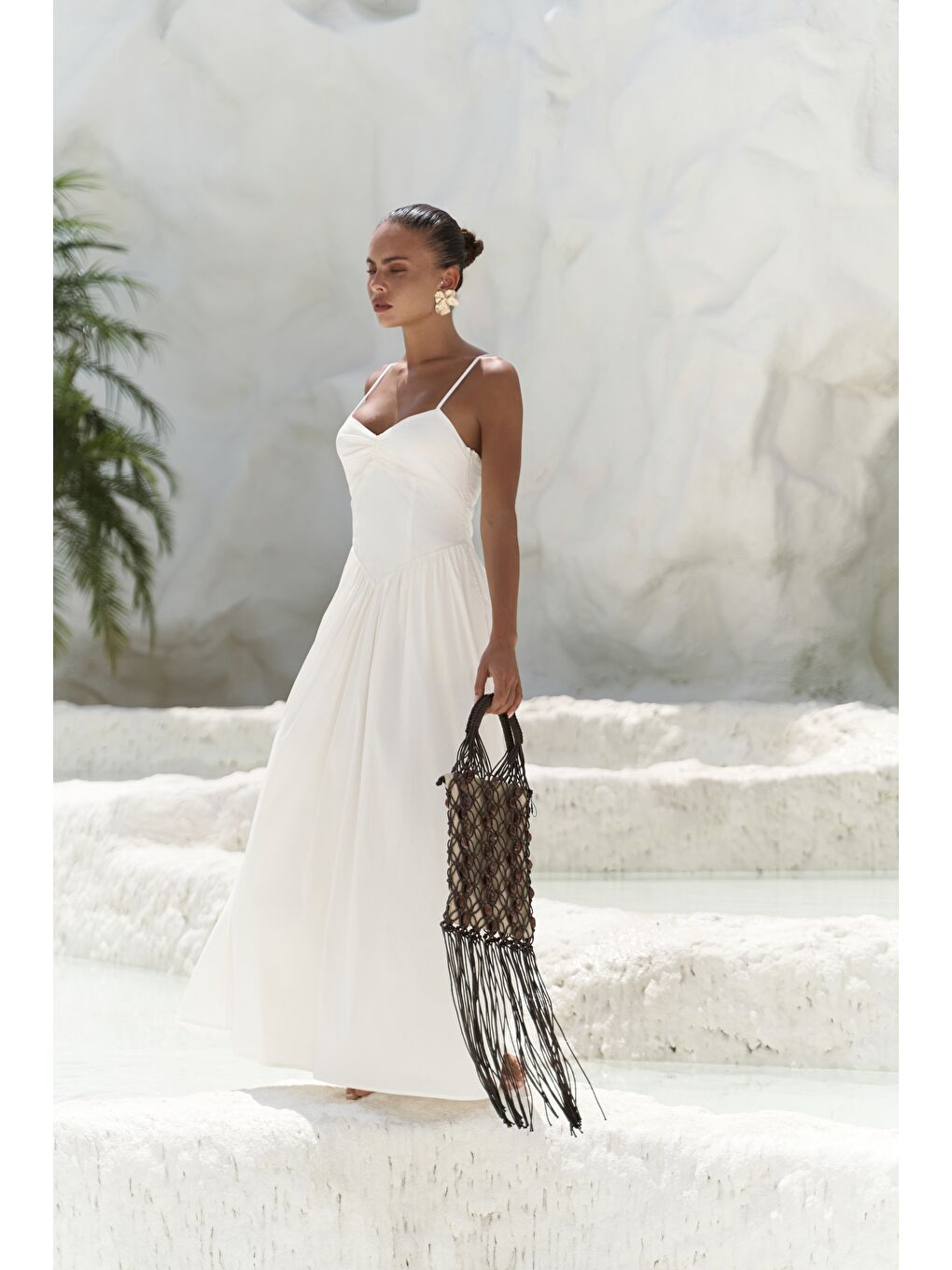 Hajar Askılı Ekru Uzun Elbise-1