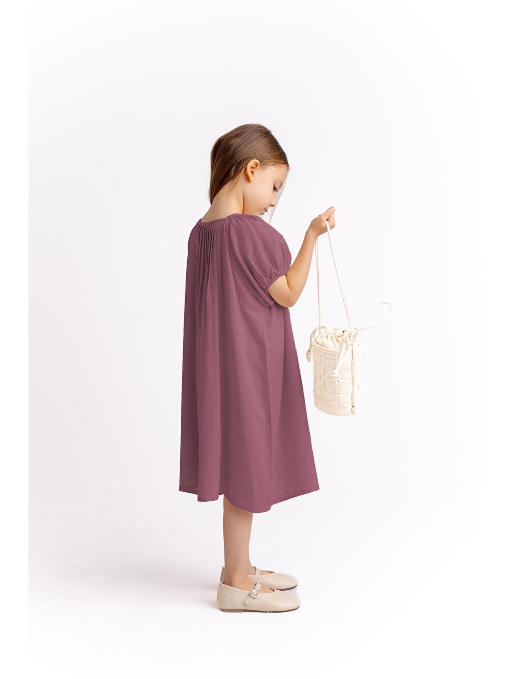 Mürdüm Kız Çocuk Keten Elbise-1