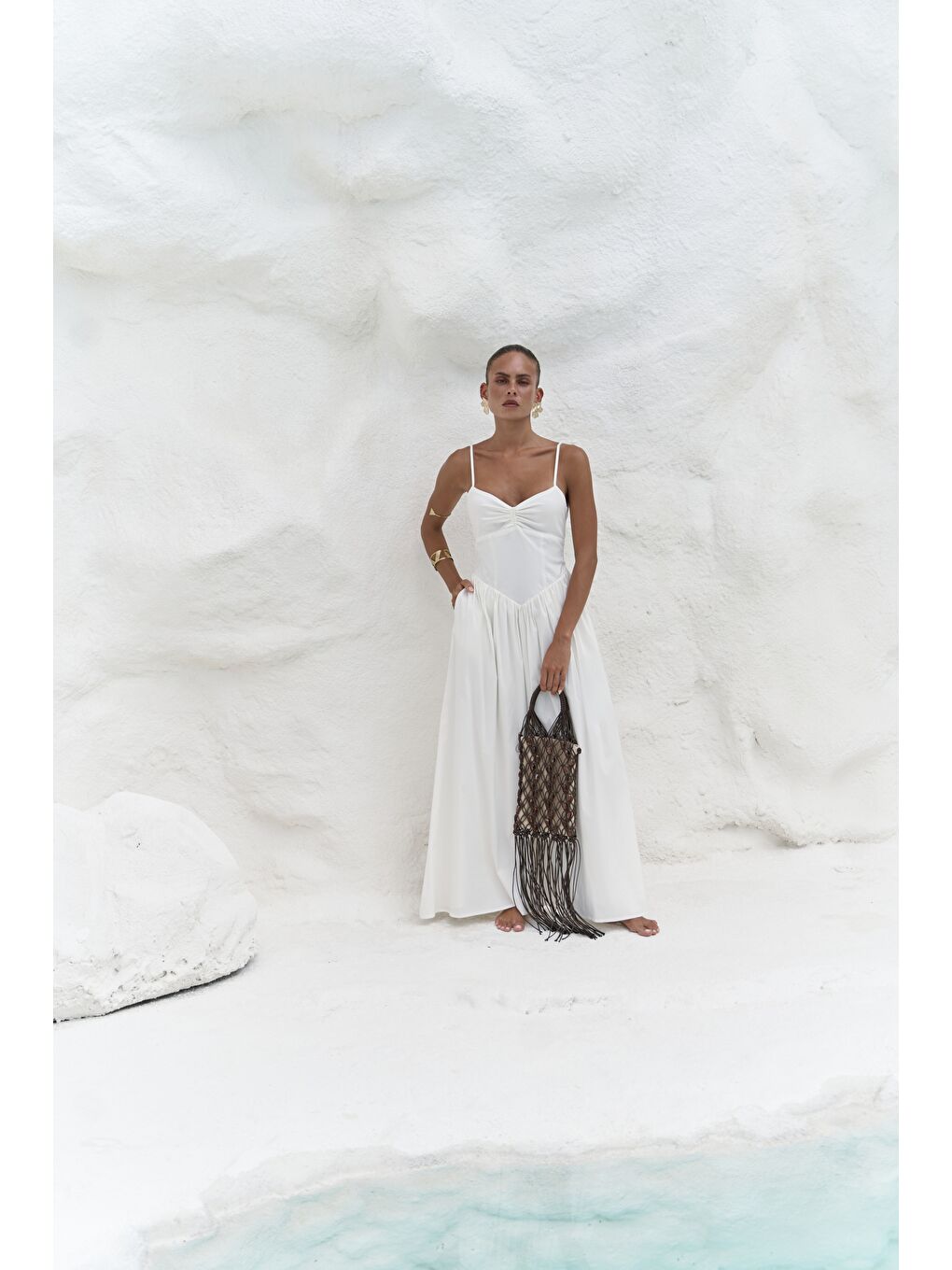 Hajar Askılı Ekru Uzun Elbise-2