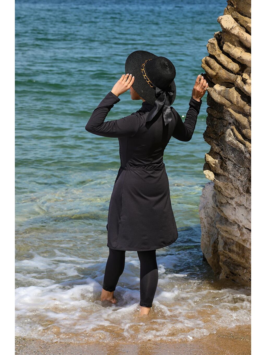 Siyah Pareo Model Tasarım Taytlı Kapalı Tesettür Mayo 2230-4