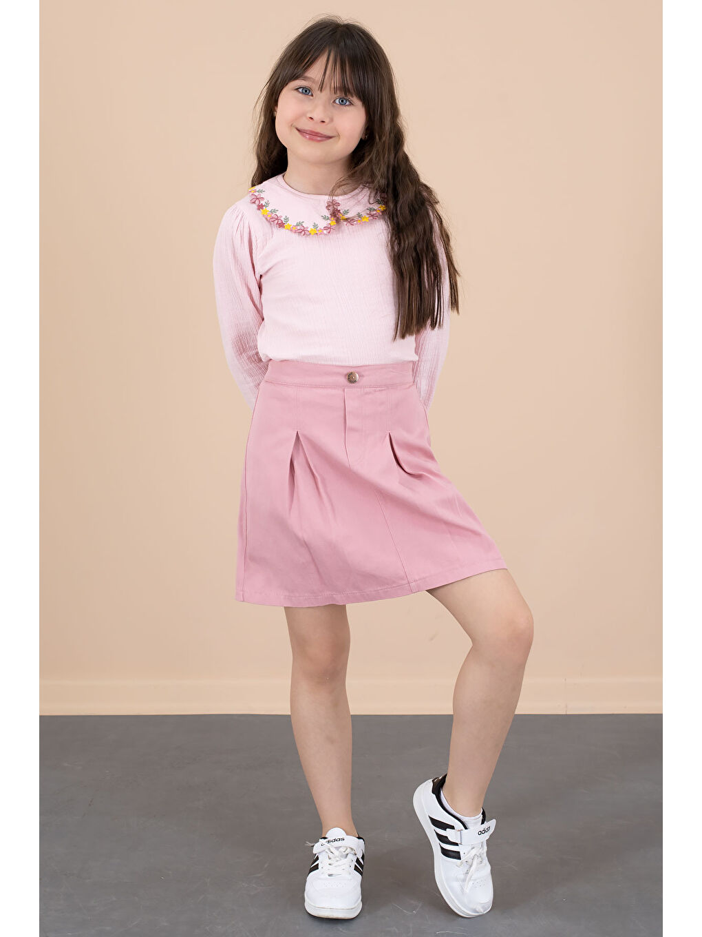 Pembe Yakası Çiçek Nakışlı Müslin Gömlekli Etekli Kız Çocuk 2li Takım 20673