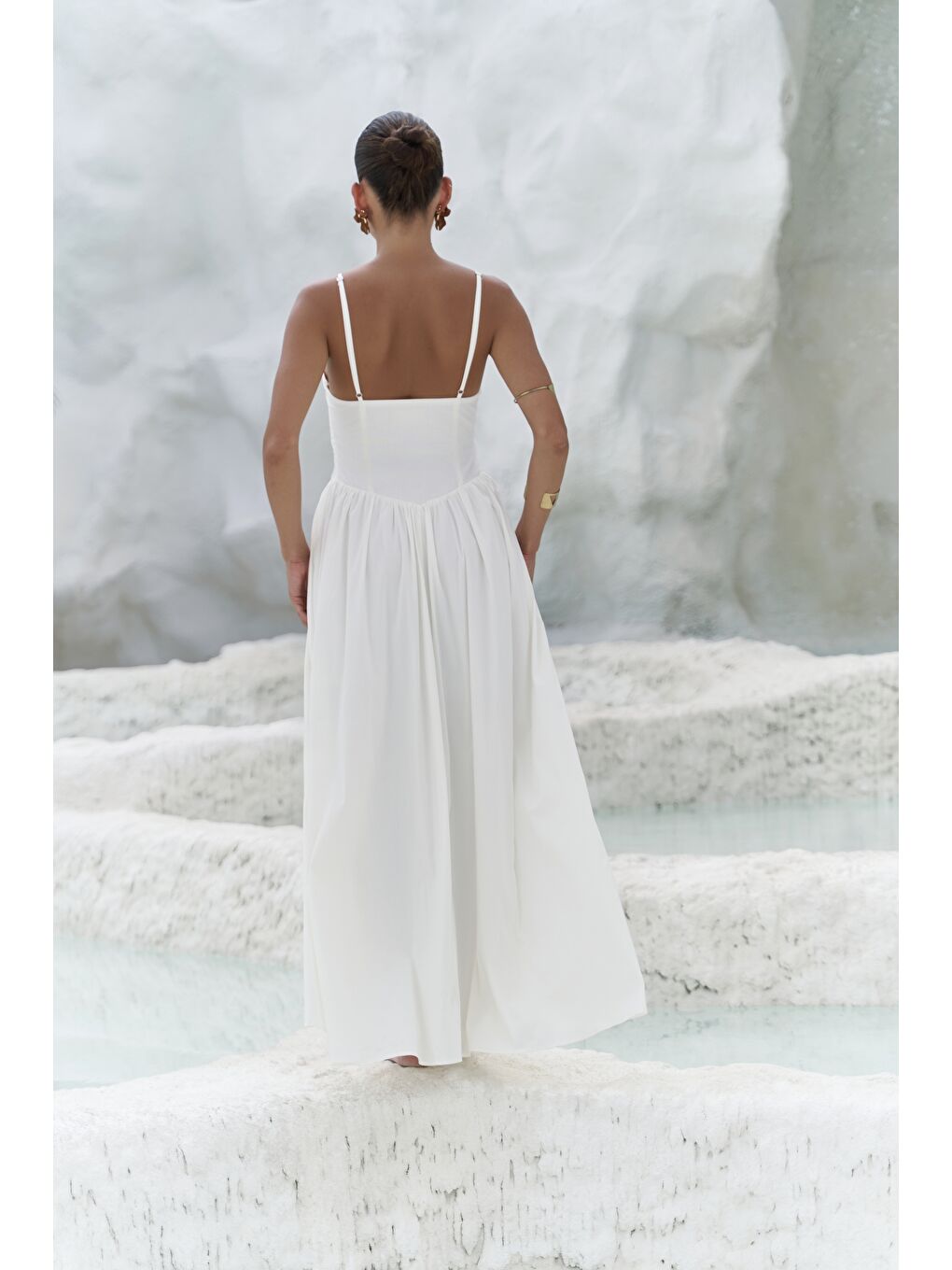 Hajar Askılı Ekru Uzun Elbise-3