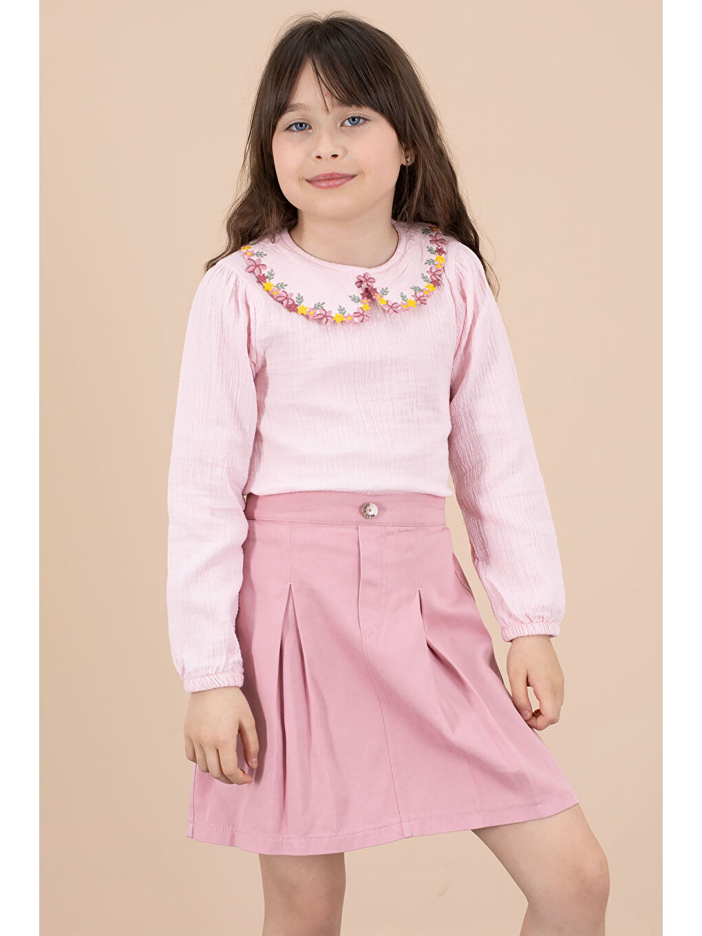 Pembe Yakası Çiçek Nakışlı Müslin Gömlekli Etekli Kız Çocuk 2li Takım 20673-1