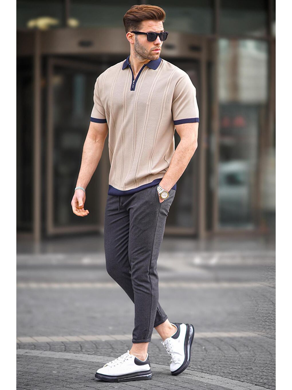 Bej Vizon Fermuar Detaylı Polo Yaka Erkek Tişört 6874-1