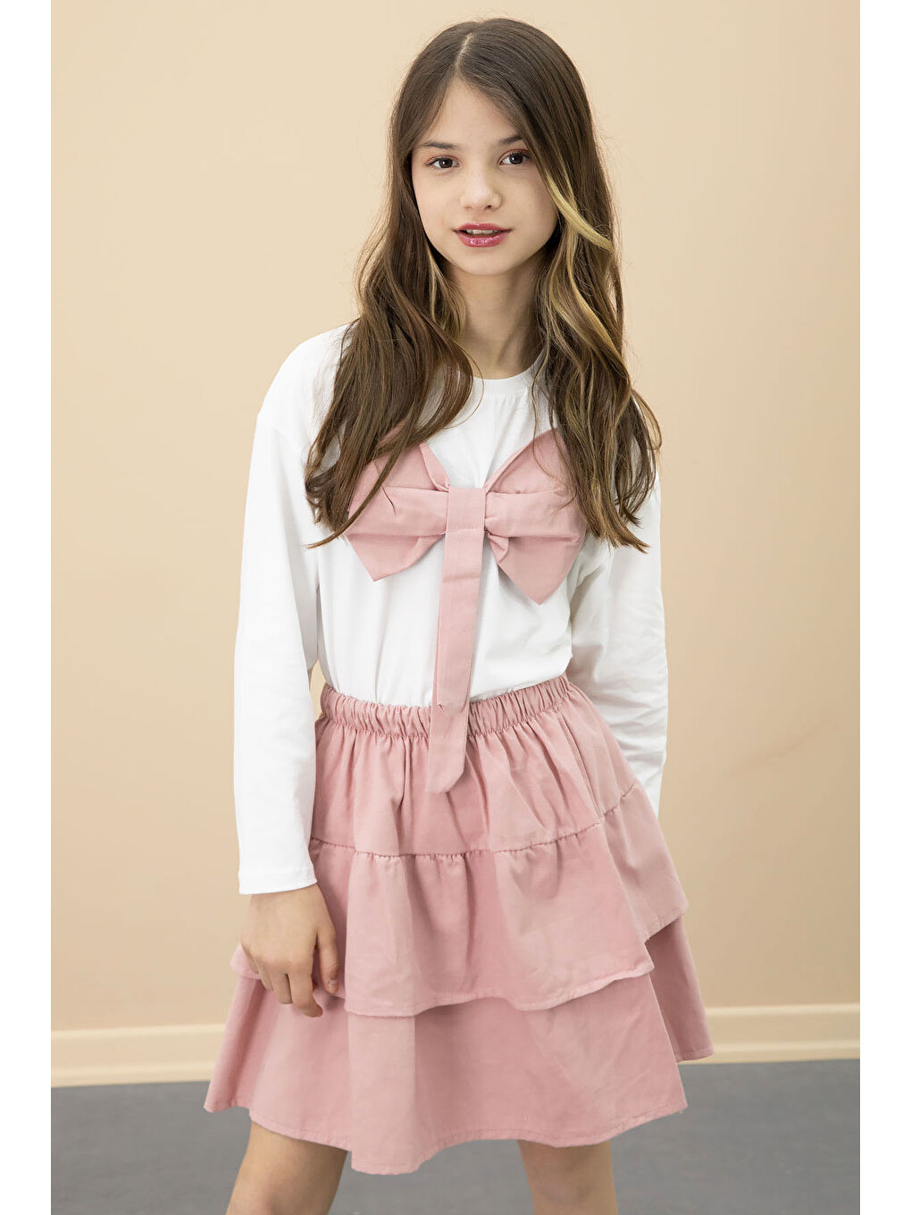 Pembe Fiyonklu Badili Kız Çocuk Etekli 2li Takım 20687-1