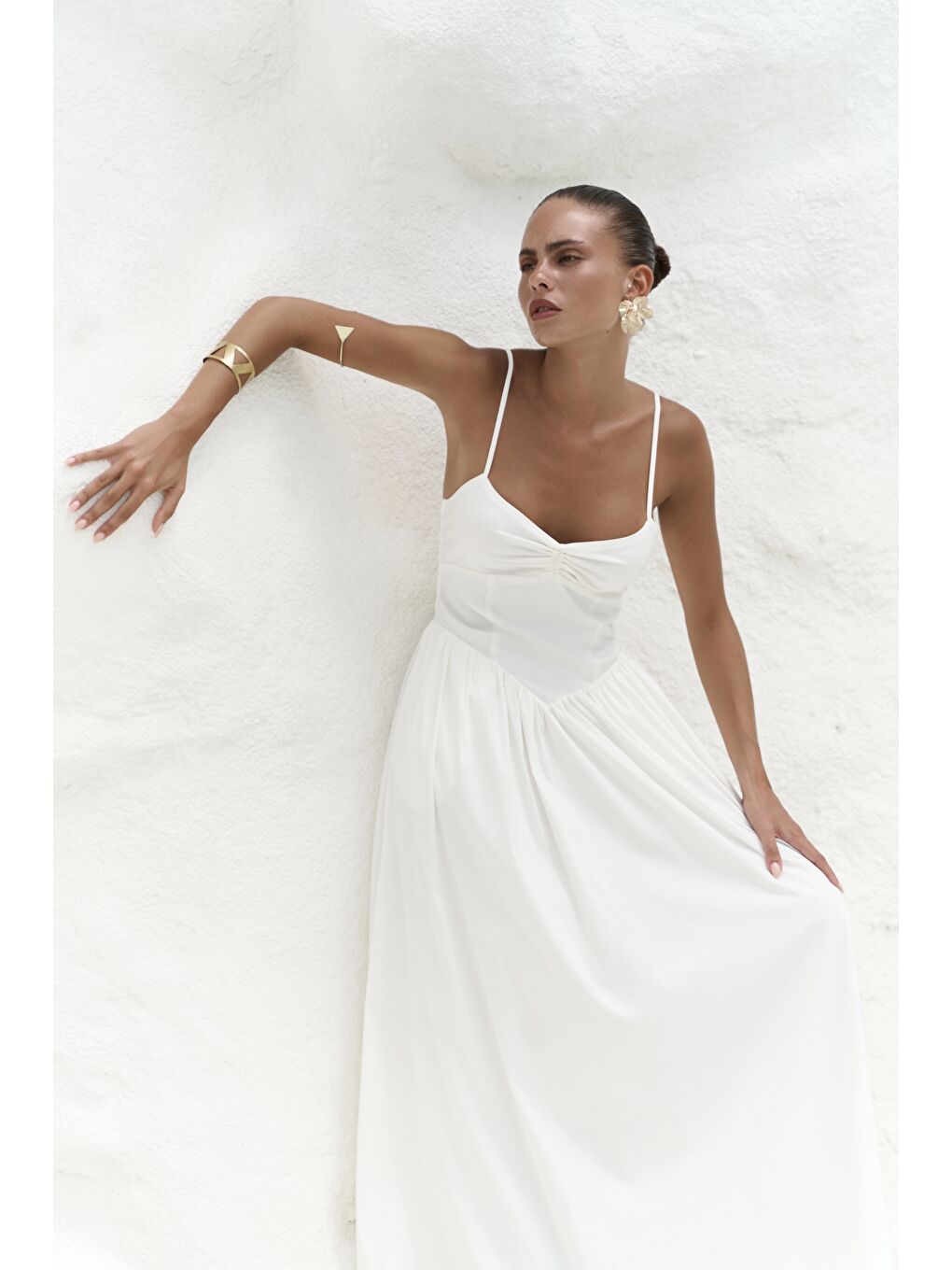 Hajar Askılı Ekru Uzun Elbise-4