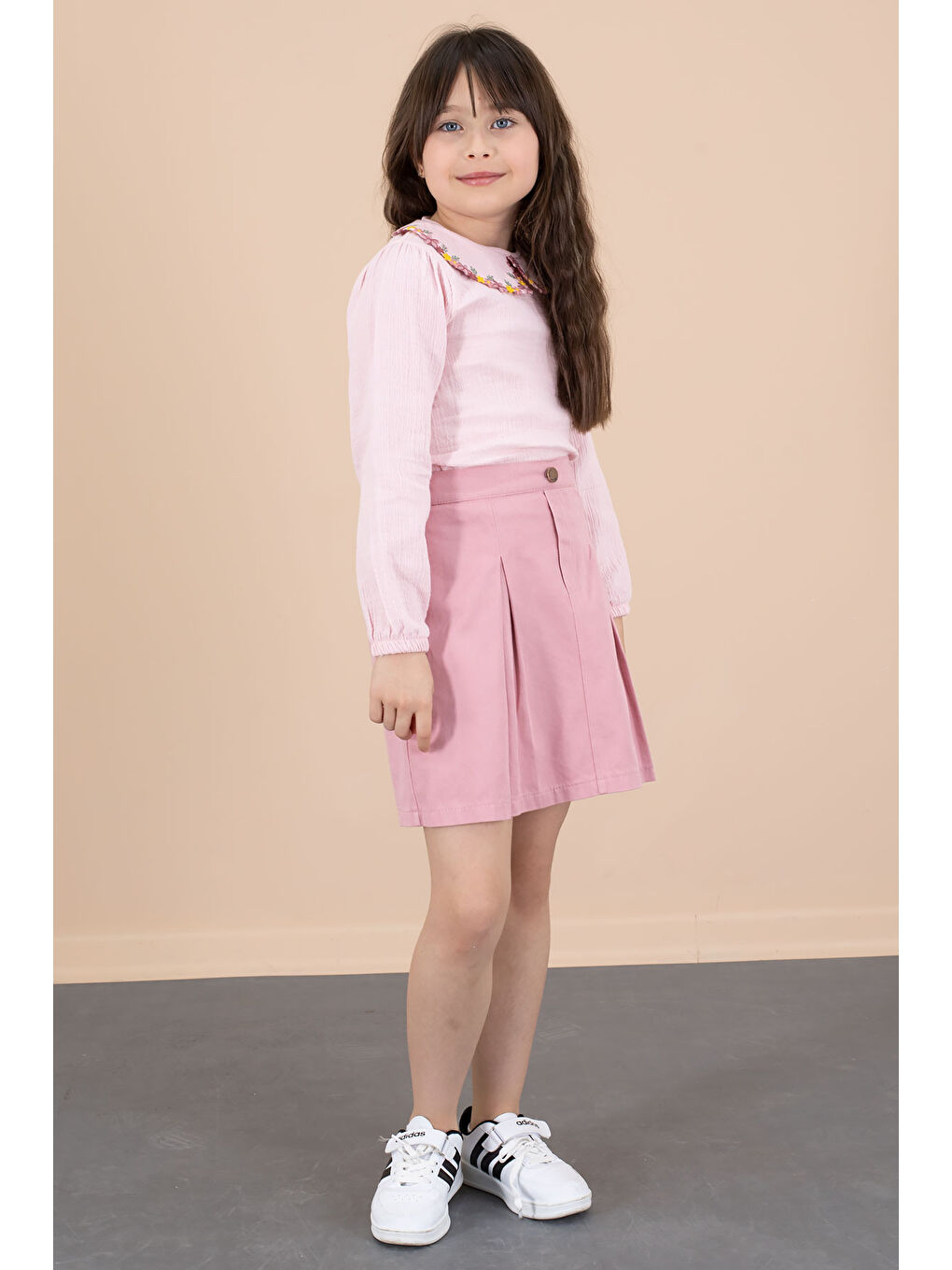 Pembe Yakası Çiçek Nakışlı Müslin Gömlekli Etekli Kız Çocuk 2li Takım 20673-2