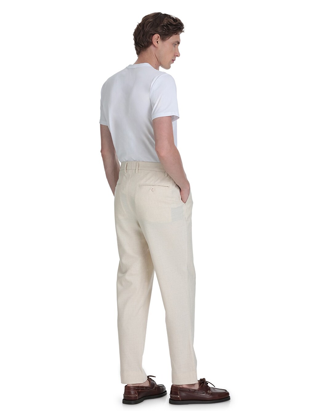 Bej Rahat Kesim Yandan Cepli Keten Pantolon-4