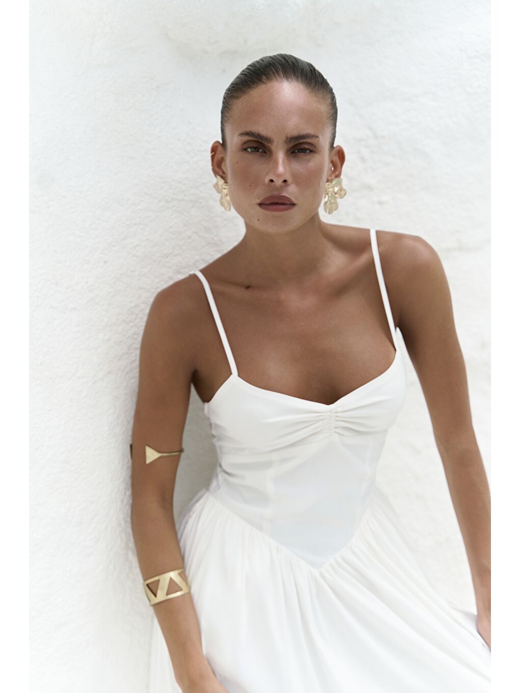 Hajar Askılı Ekru Uzun Elbise-5