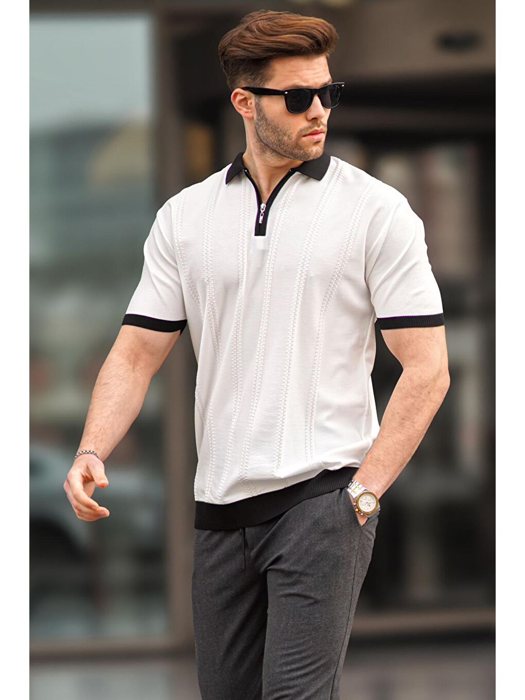 Beyaz Fermuar Detaylı Polo Yaka Erkek Tişört 6874