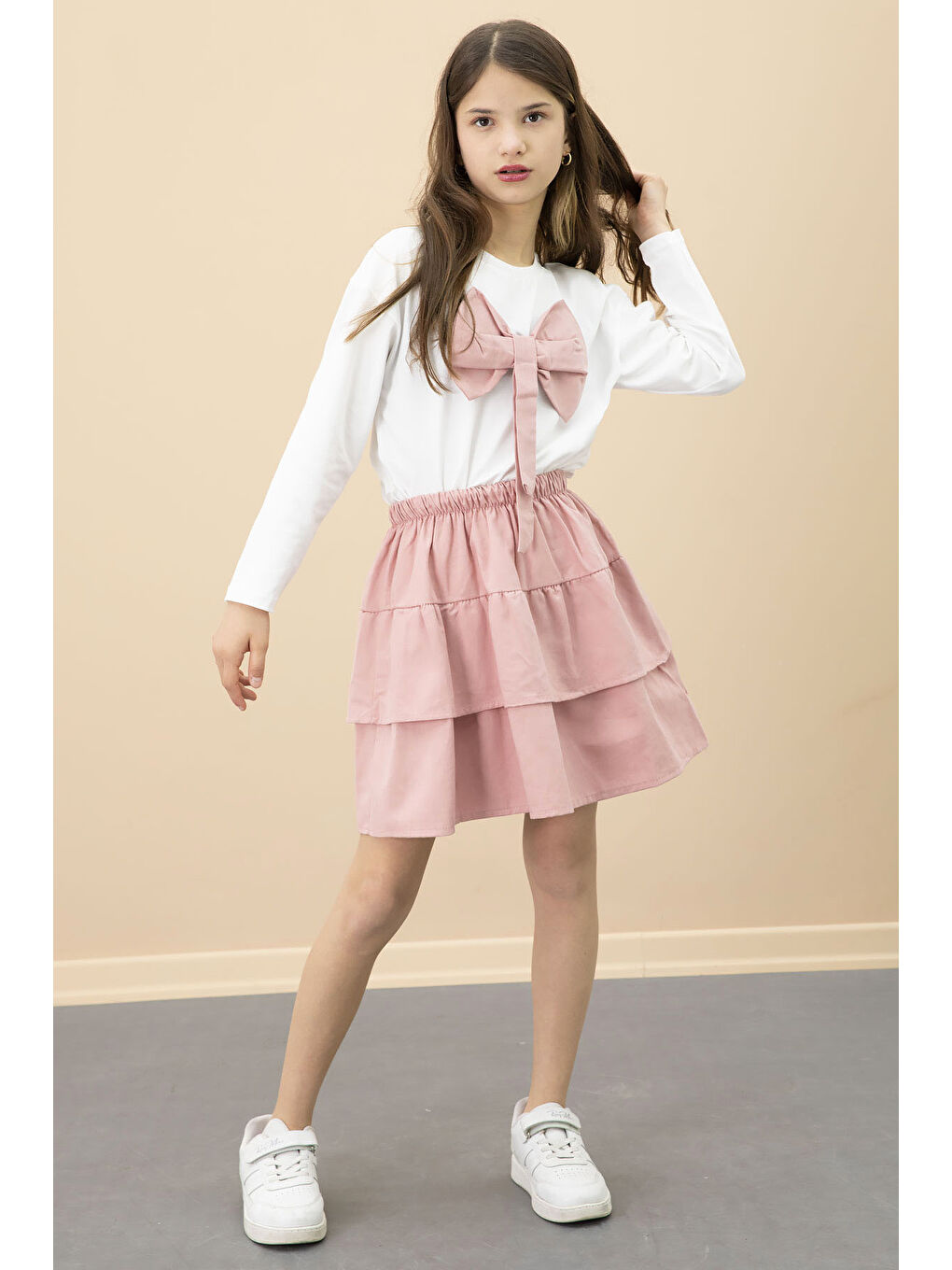 Pembe Fiyonklu Badili Kız Çocuk Etekli 2li Takım 20687-2