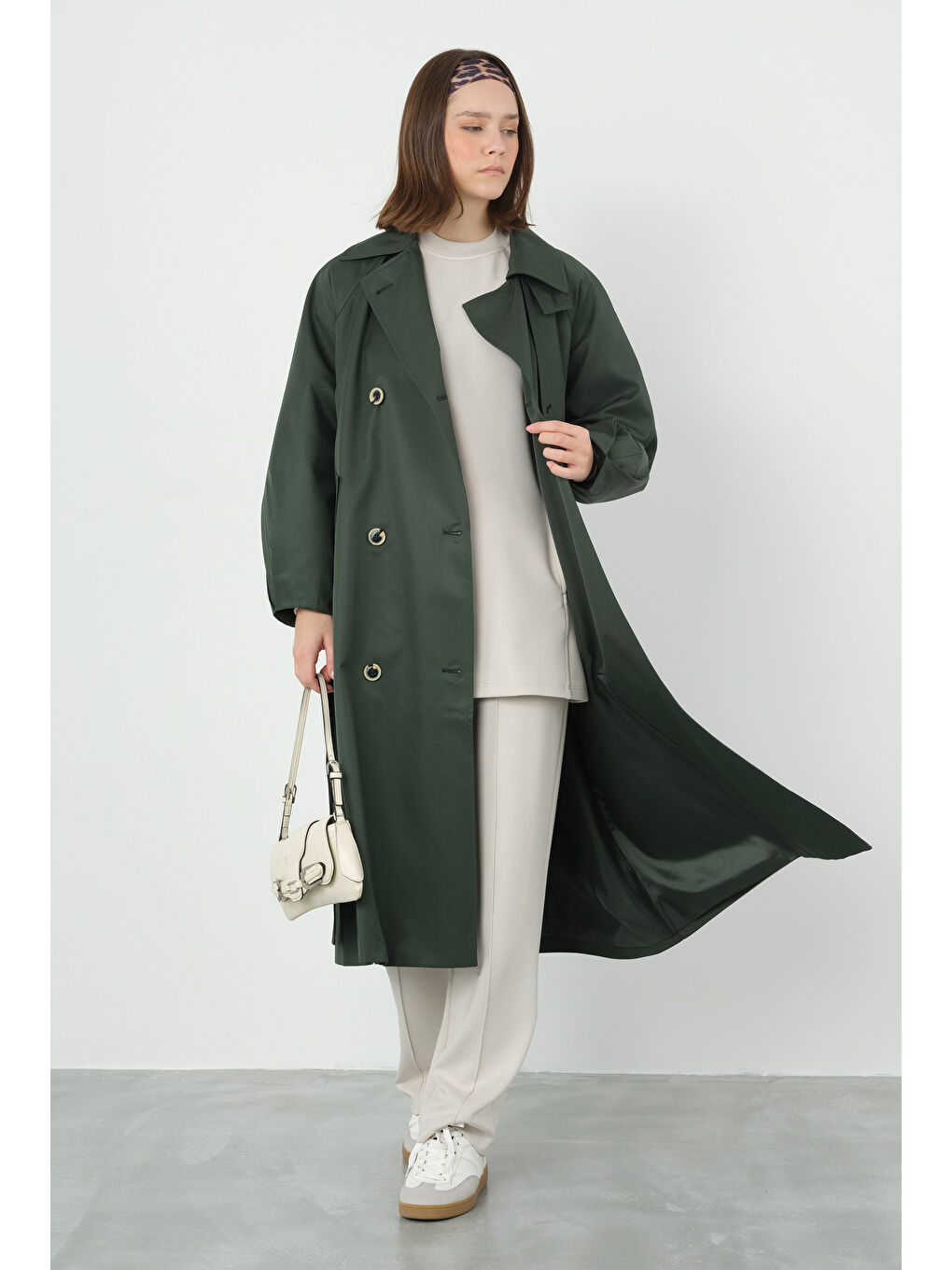 Fleto Cepli Astarlı Trençkot Yeşil