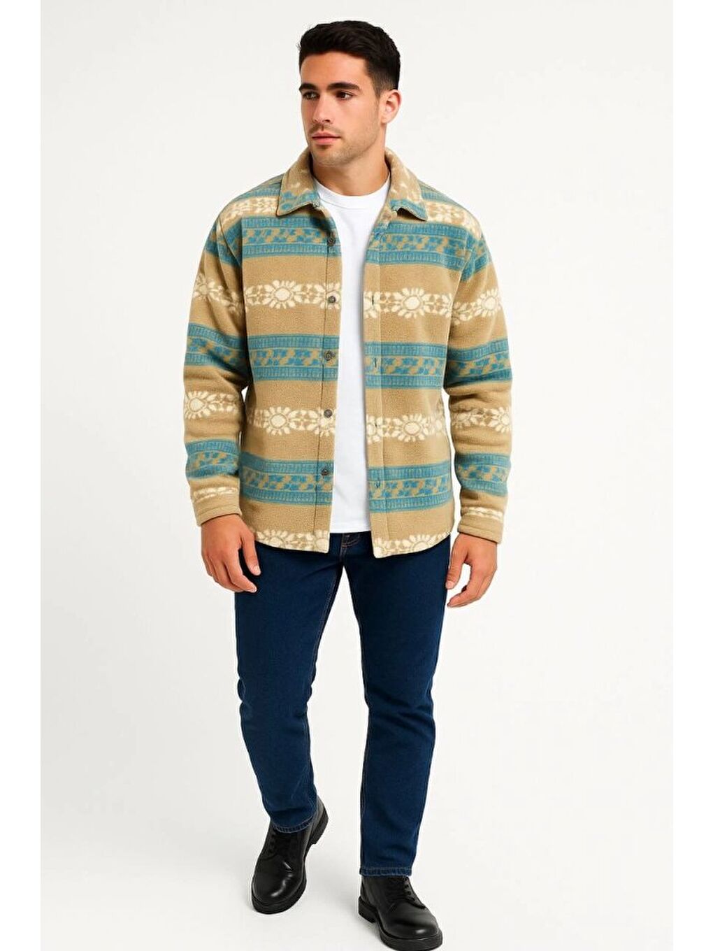 Sarı Erkek Desenli Polar Gömlek – Etnik Şerit Desen Yakalı, Uzun Kollu, Düğmeli, Oversize Rahat Kalıp - S