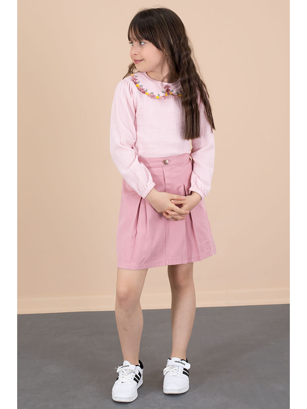 Pembe Yakası Çiçek Nakışlı Müslin Gömlekli Etekli Kız Çocuk 2li Takım 20673-3