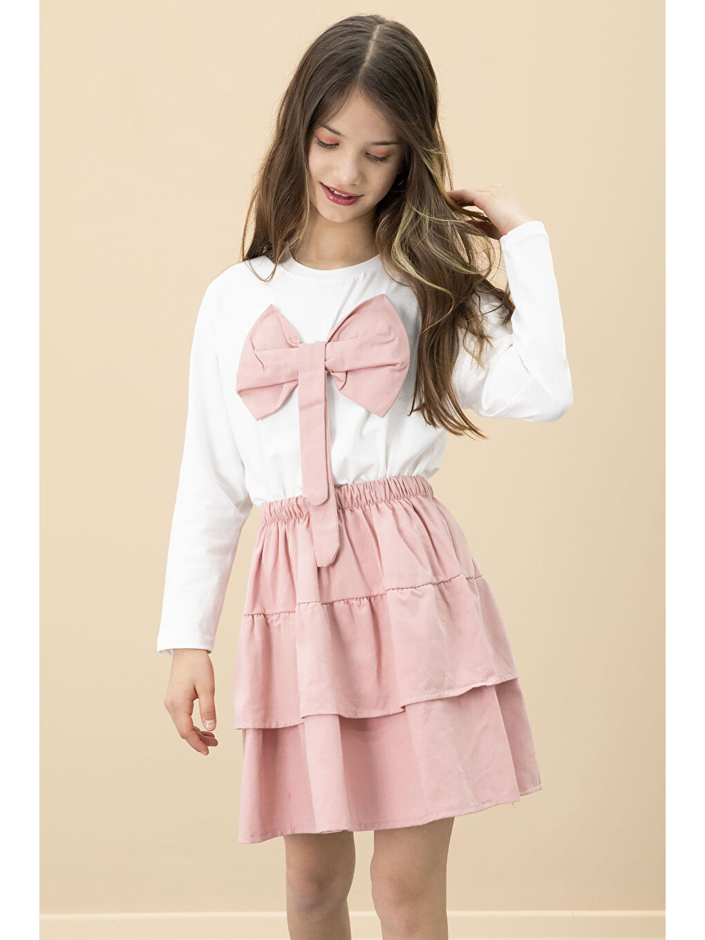 Pembe Fiyonklu Badili Kız Çocuk Etekli 2li Takım 20687-3