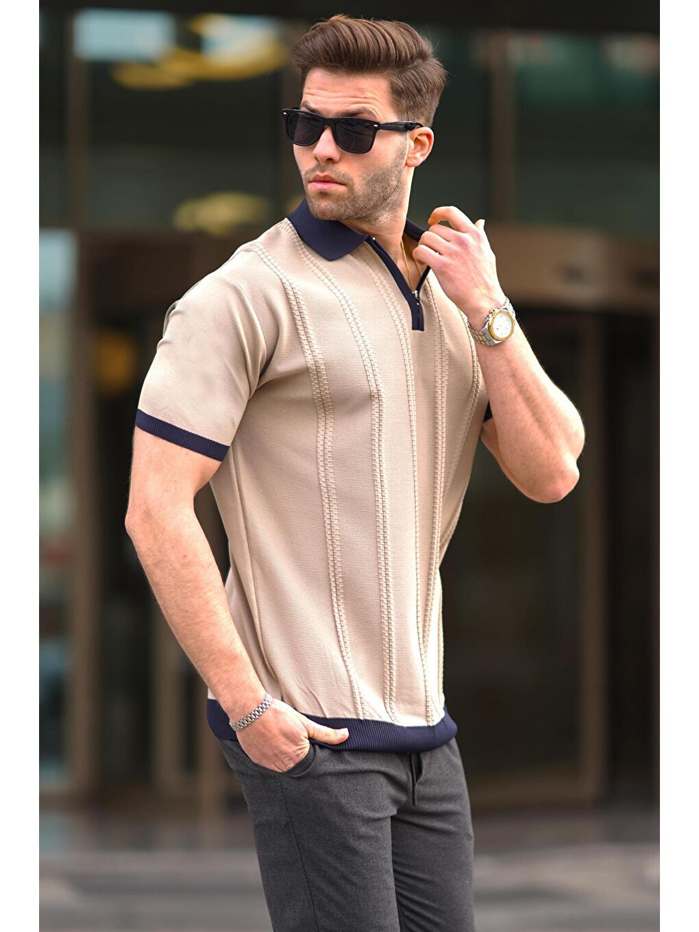 Bej Vizon Fermuar Detaylı Polo Yaka Erkek Tişört 6874-2