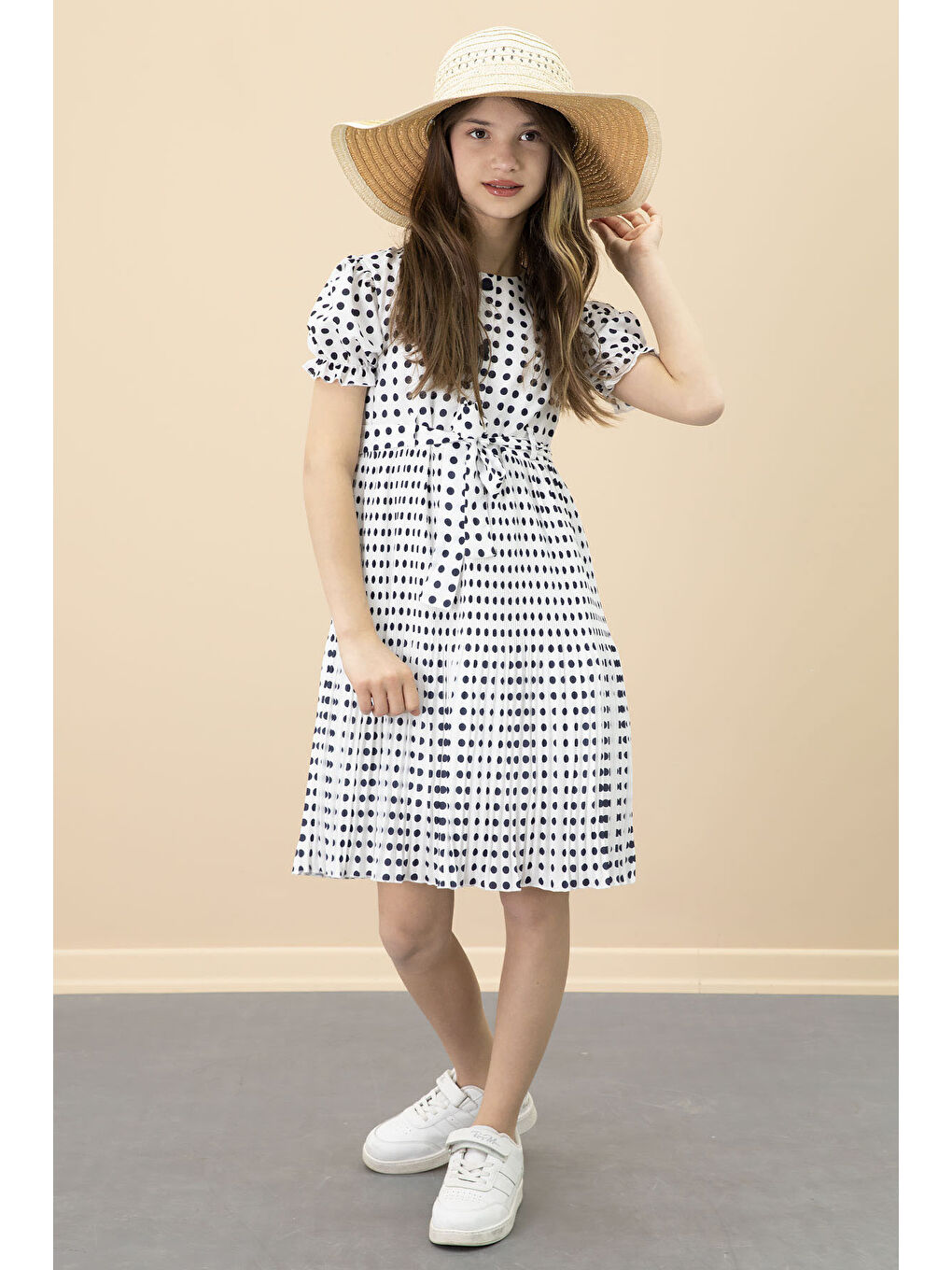 Ekru Puantiyeli Kız Çocuk Kuşaklı Kısa Kol Elbise 20651