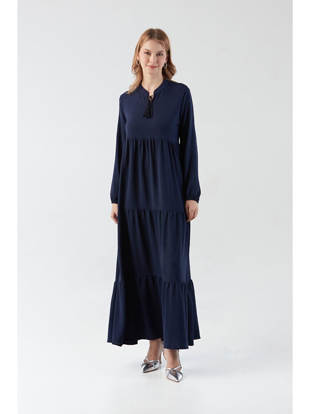 Lacivert Fullamodest Yakası Bağlamalı Büyük Beden Elbise