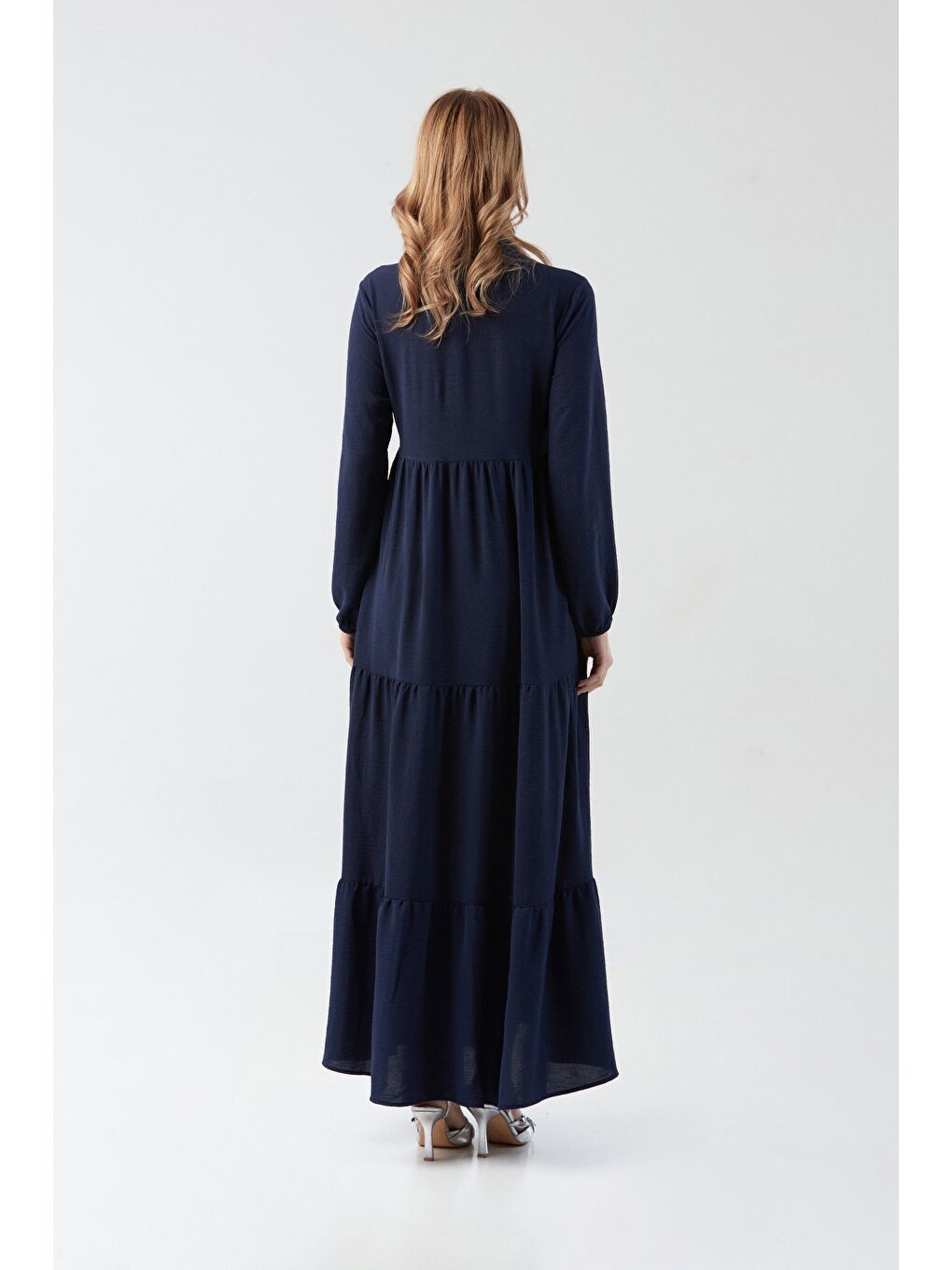 Lacivert Fullamodest Yakası Bağlamalı Büyük Beden Elbise-1