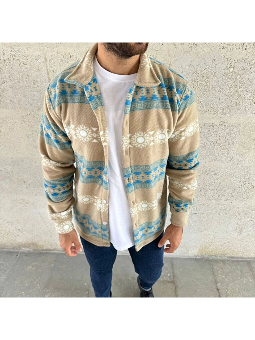 Sarı Erkek Desenli Polar Gömlek – Etnik Şerit Desen Yakalı, Uzun Kollu, Düğmeli, Oversize Rahat Kalıp - S-1