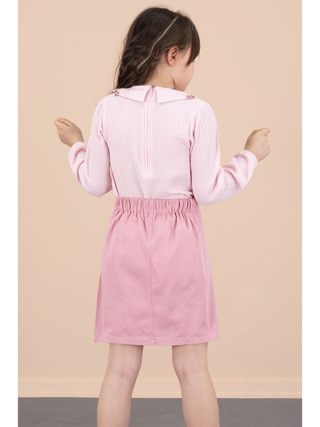 Pembe Yakası Çiçek Nakışlı Müslin Gömlekli Etekli Kız Çocuk 2li Takım 20673-4