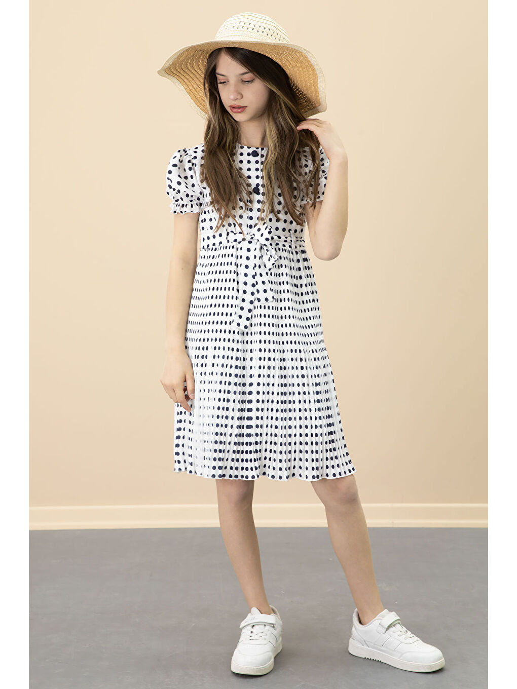 Ekru Puantiyeli Kız Çocuk Kuşaklı Kısa Kol Elbise 20651-2