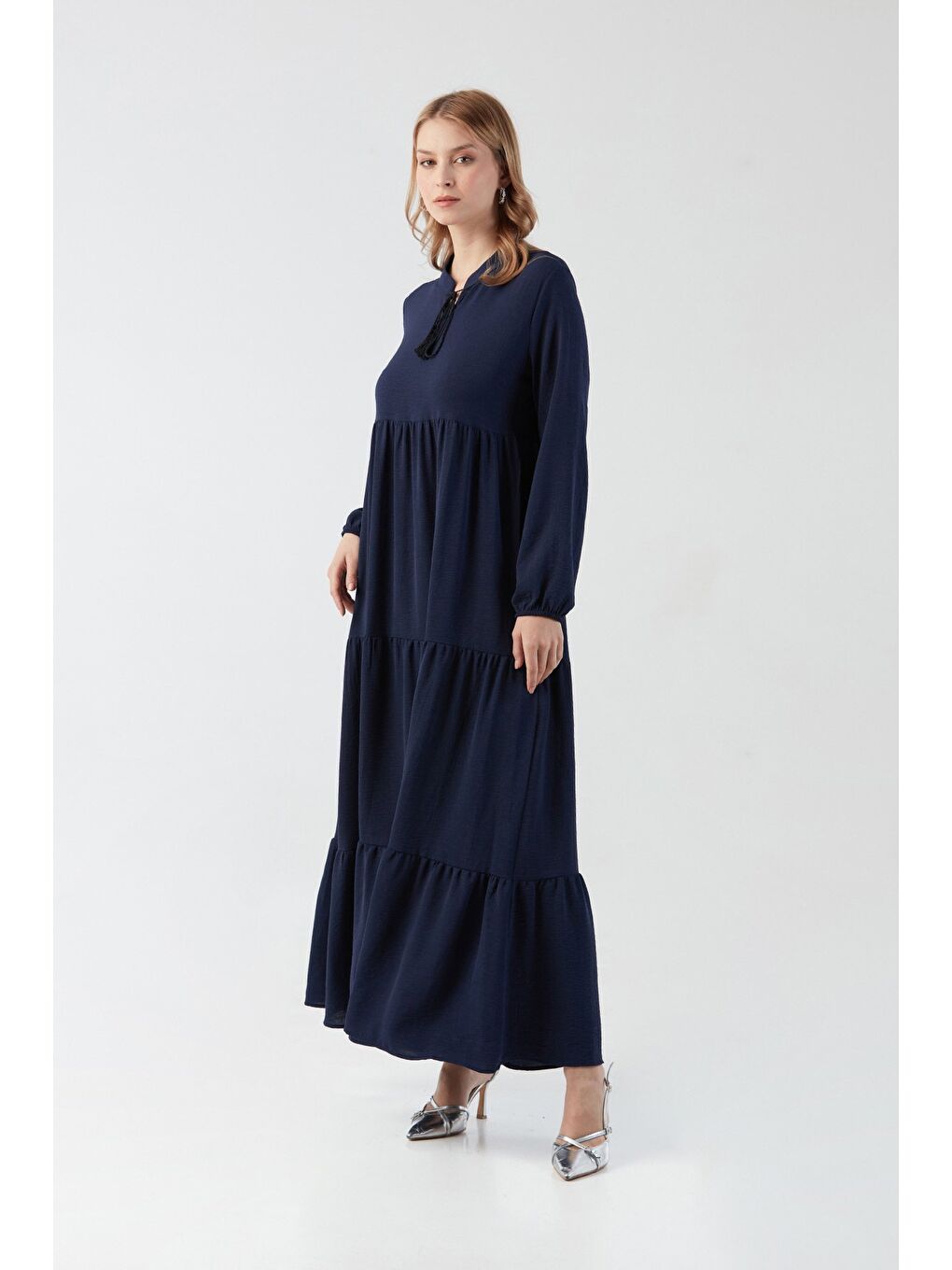 Lacivert Fullamodest Yakası Bağlamalı Büyük Beden Elbise-3