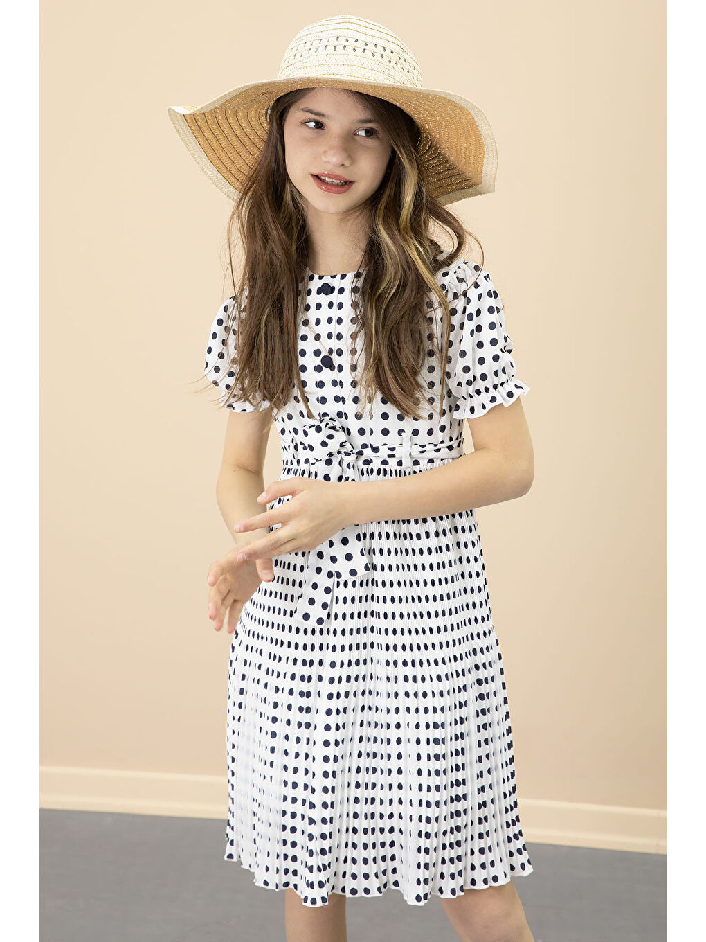 Ekru Puantiyeli Kız Çocuk Kuşaklı Kısa Kol Elbise 20651-3