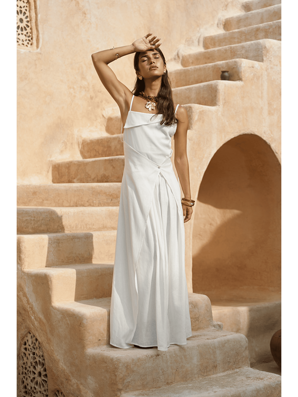 Blantyre Askılı Uzun Ekru Keten Elbise