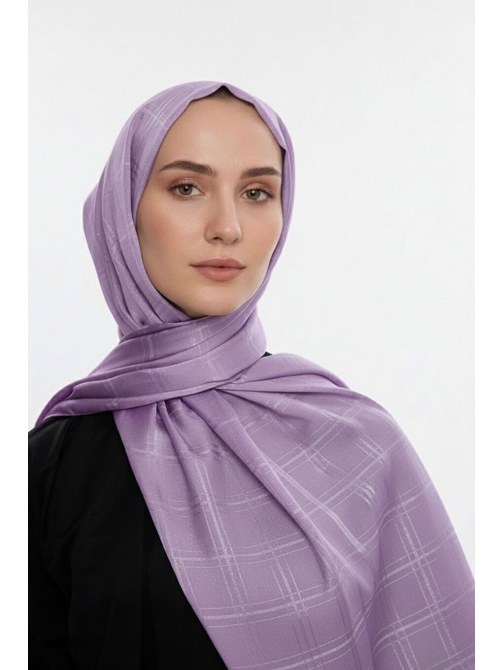 & YAQA Kare Desen Jakarlı Lila Şal