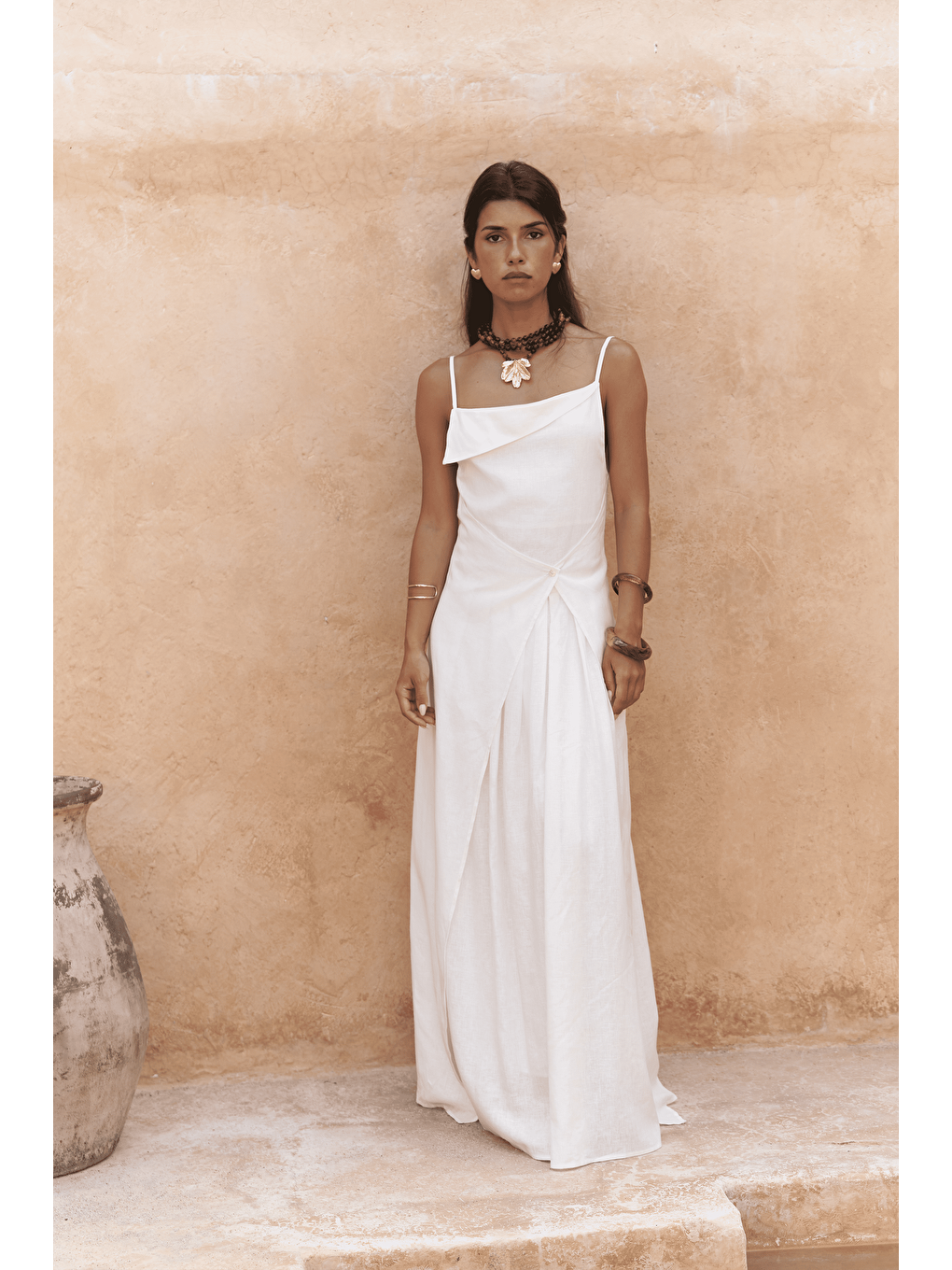 Blantyre Askılı Uzun Ekru Keten Elbise-1