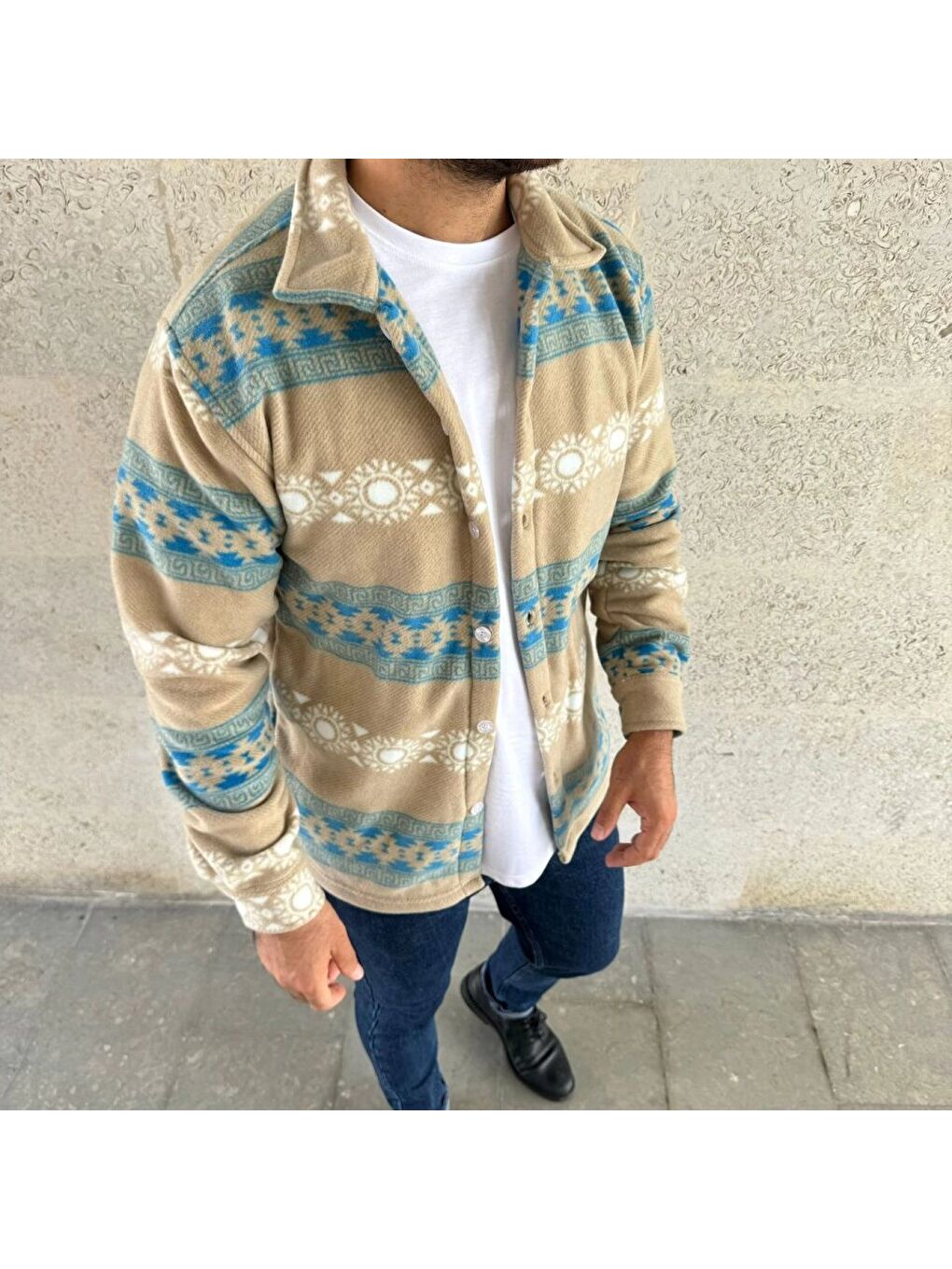 Sarı Erkek Desenli Polar Gömlek – Etnik Şerit Desen Yakalı, Uzun Kollu, Düğmeli, Oversize Rahat Kalıp - S-2