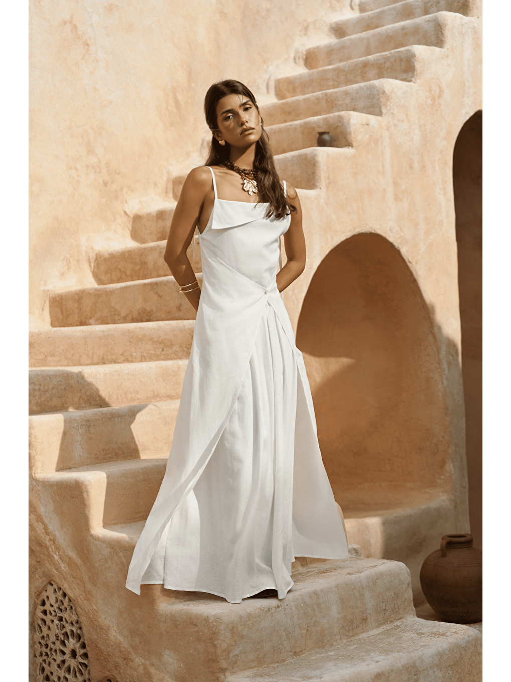 Blantyre Askılı Uzun Ekru Keten Elbise-2