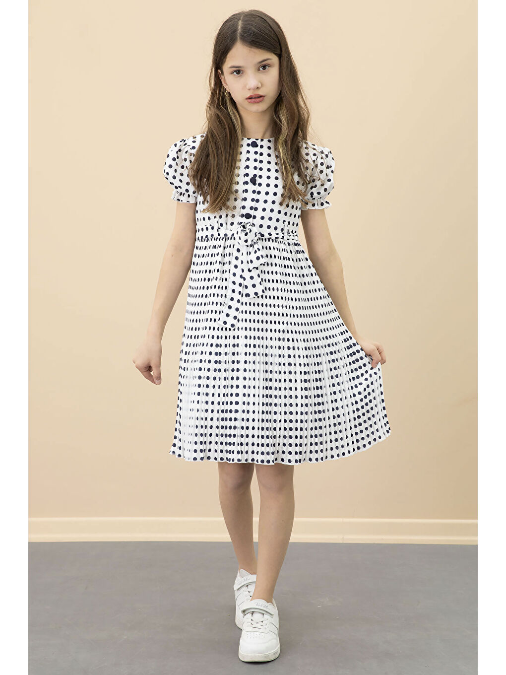 Ekru Puantiyeli Kız Çocuk Kuşaklı Kısa Kol Elbise 20651-4