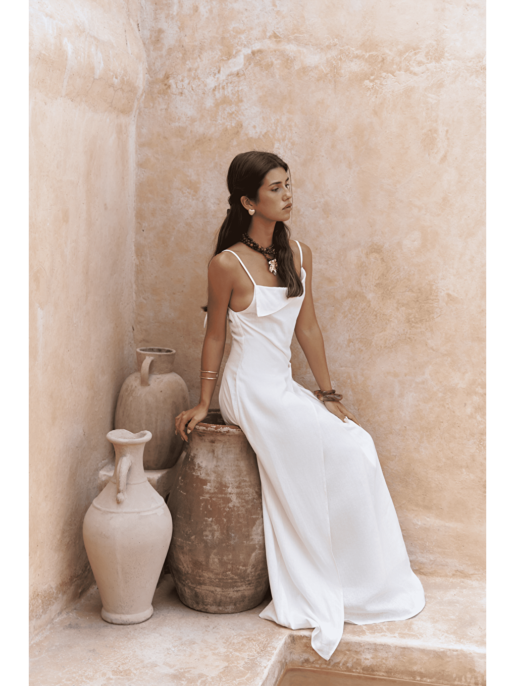 Blantyre Askılı Uzun Ekru Keten Elbise-3