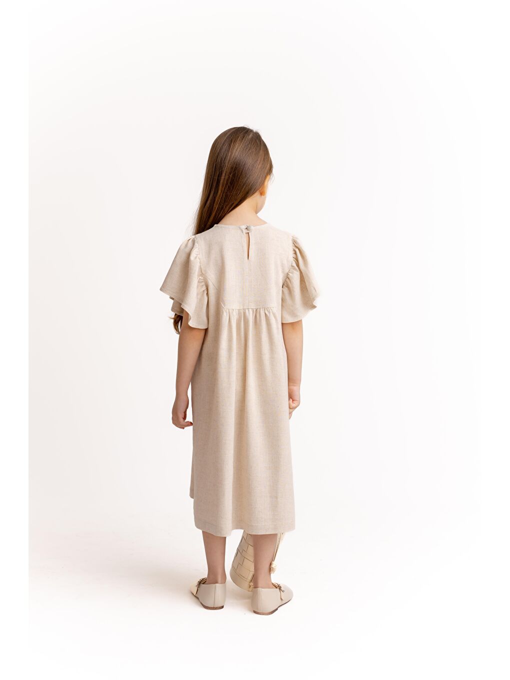 Ekru Robası Nakışlı Keten Elbise 2-7 Yaş Naturel-2
