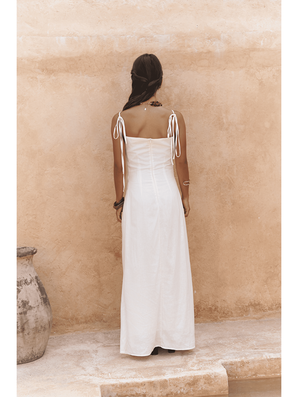 Blantyre Askılı Uzun Ekru Keten Elbise-4