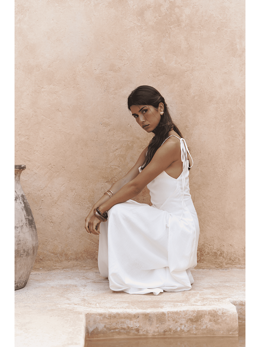 Blantyre Askılı Uzun Ekru Keten Elbise-5