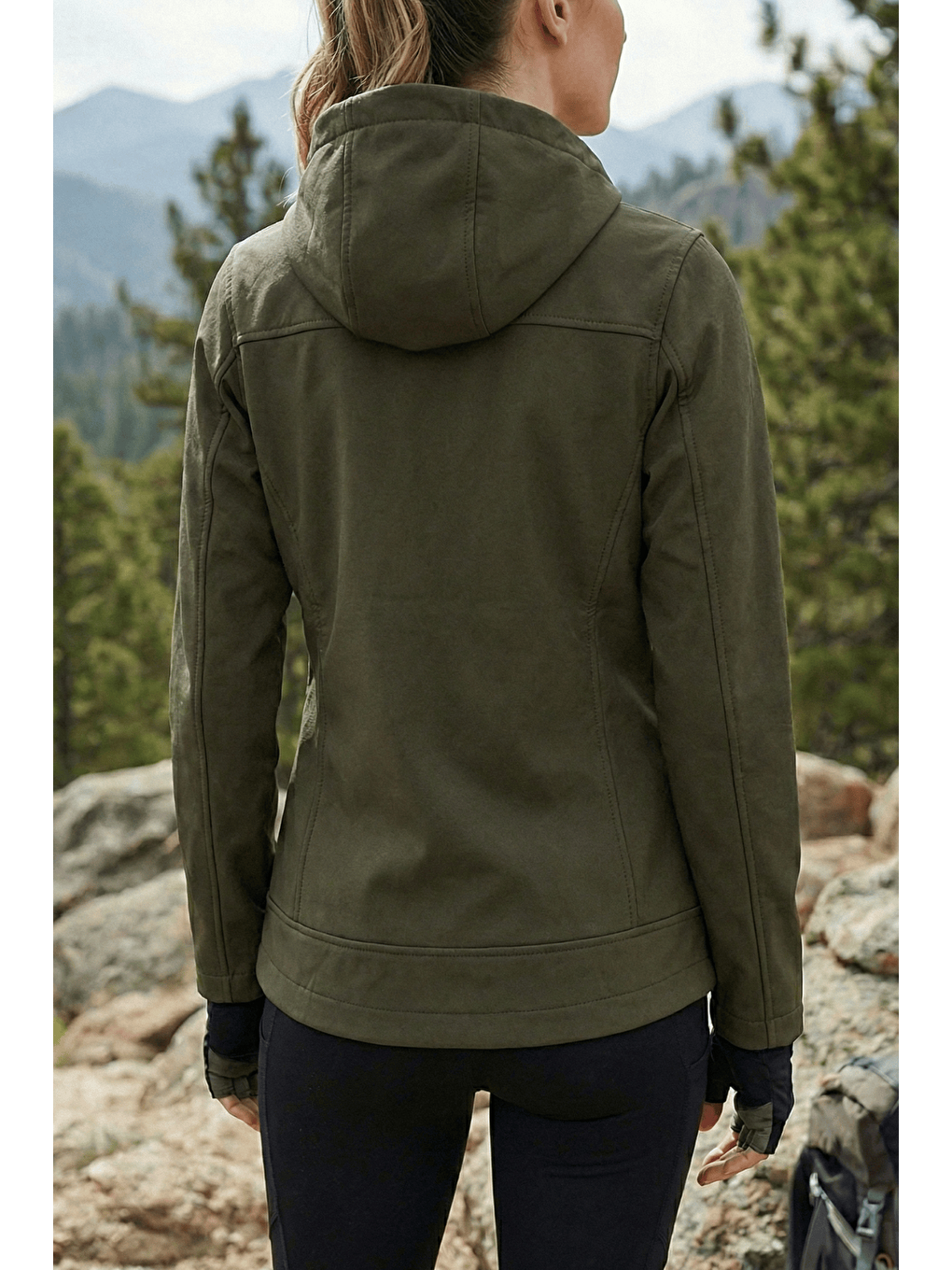 Haki Kadın Mont İçi Polarlı Softshell Mont Su ve Rüzgar Geçirmez Kapüşonlu Spor Mont-1